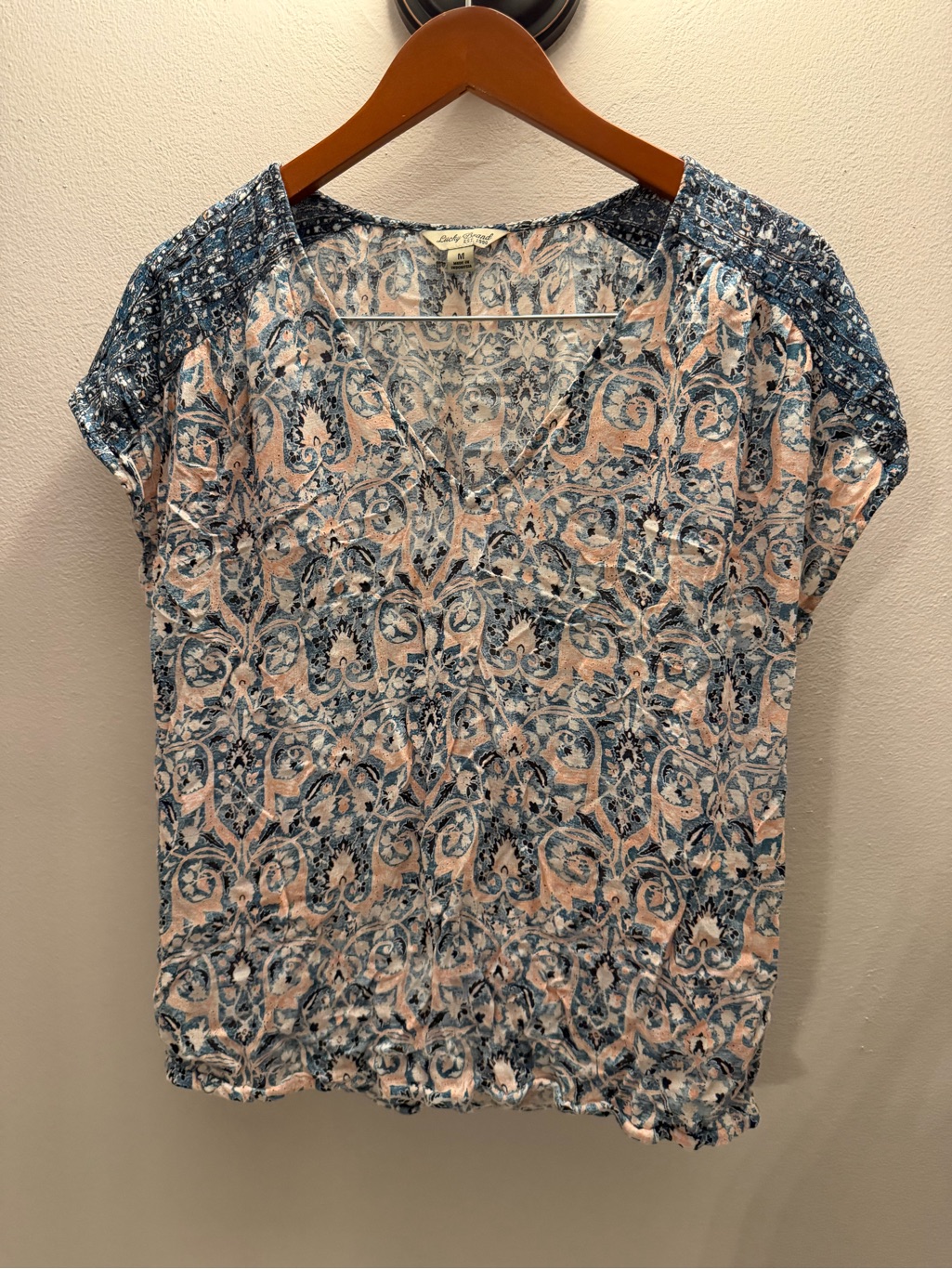 Lucky Brand Blue And Peach Printed V-Neck Blouse